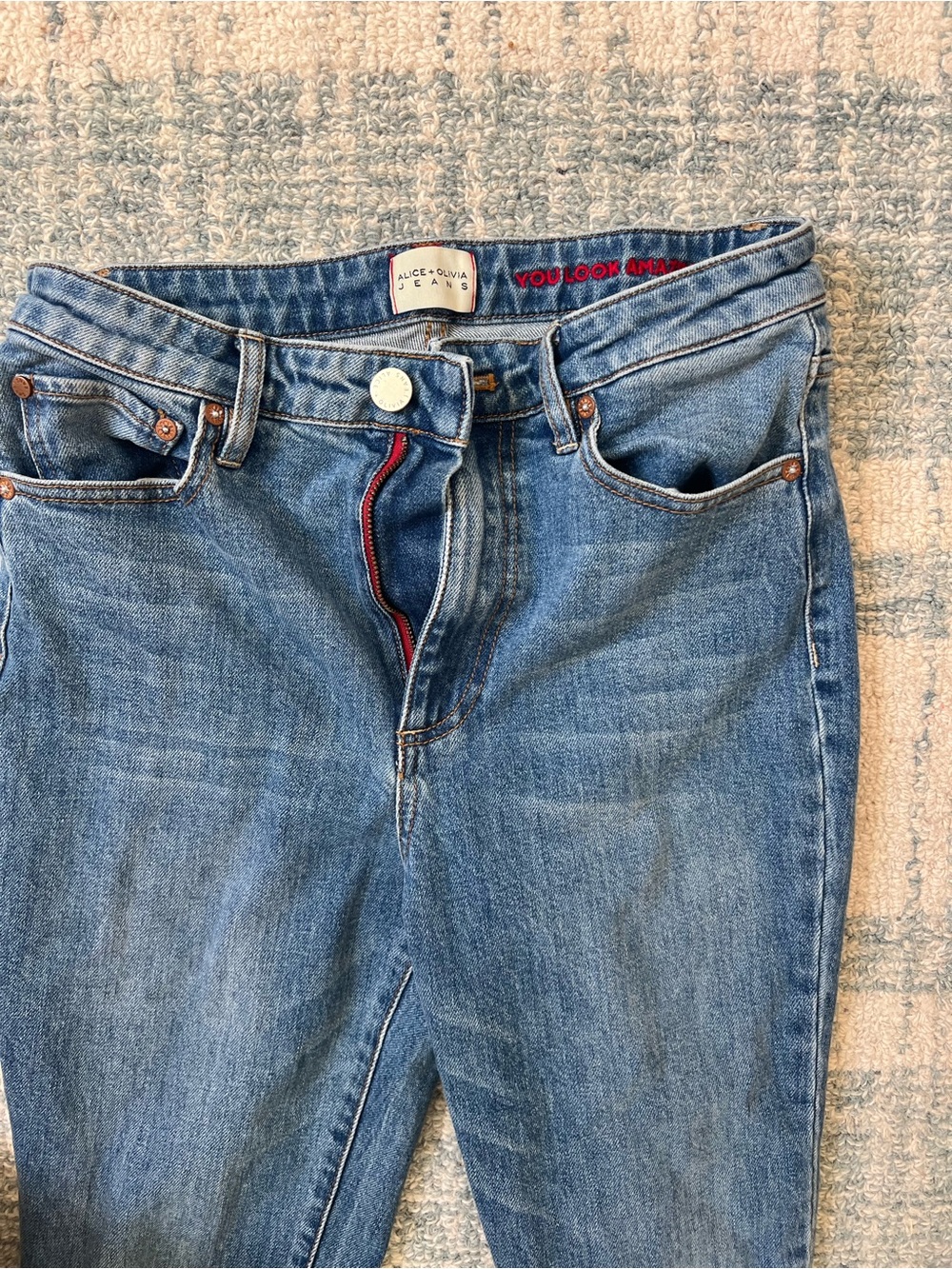 Alice + Olivia Light Blue High-Rise Women's Jeans with Red Trim